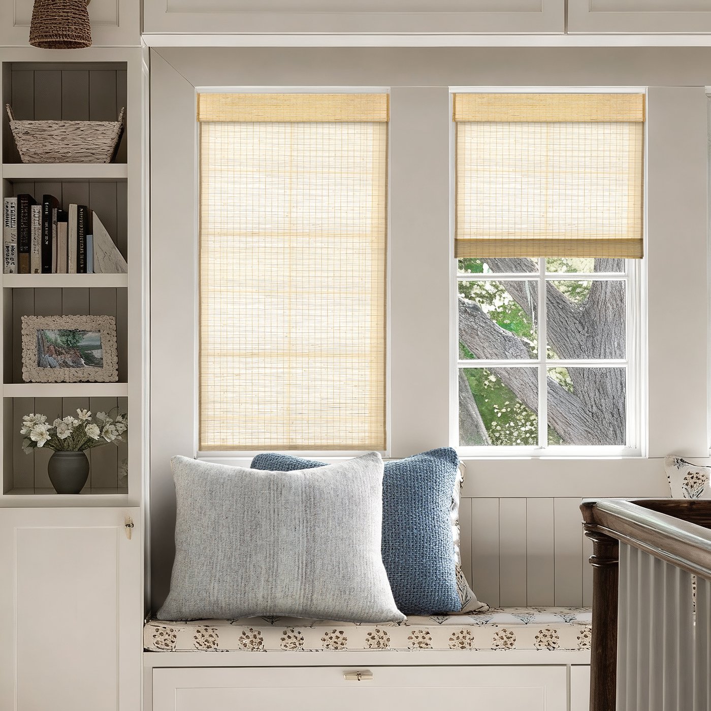 Woven wood Roman shade in a window seat